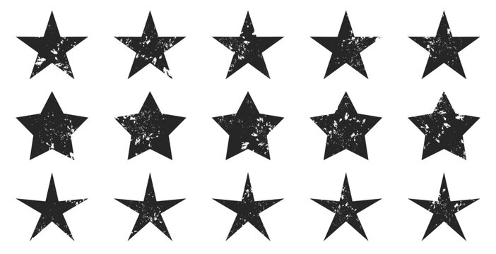 Grunge star shapes collection. Distressed black five point symbols with worn texture. Vintage rating elements for badges and prints