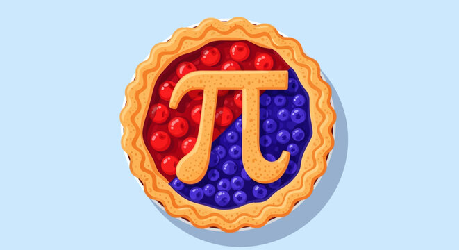 A delicious pie with red and blue filling topped with the pi symbol, viewed from directly above on a light surface.