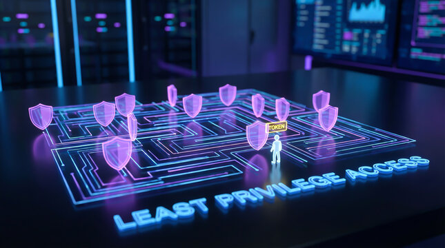 Least Privilege Access Cybersecurity Concept with 3D Holographic Maze and Security Shields in Data Center