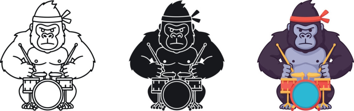 Powerful cartoon gorilla playing drums with drumsticks and a drum set, wearing a bandana, strong and musical, vector illustration