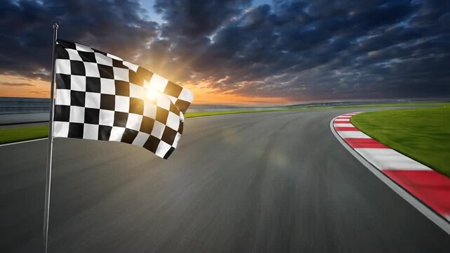 Race track finish line checkered flag at sunset with dramatic clouds and sun flare symbolizing victory and achievement in motorsport