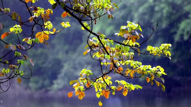 Yellow and Green Natural Rainy Season 

Cinematic scene top view of teak tree, flying above beautiful green forest in rainy day