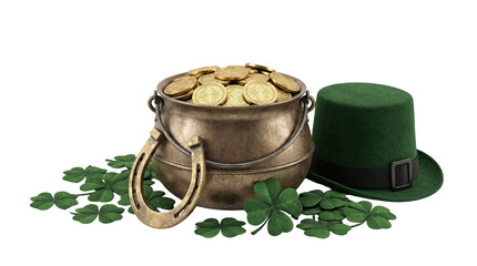 Obraz premium St Patrick's Day pot filled with gold coins and clovers, AI, PNG