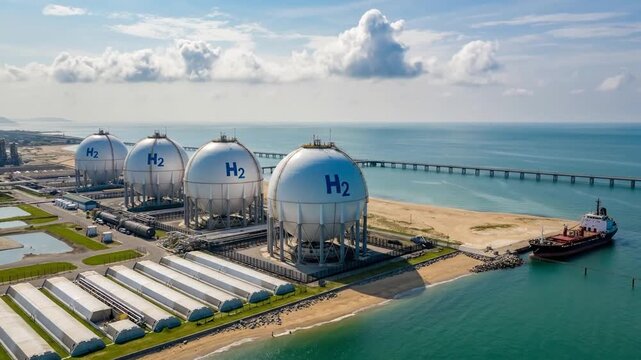 Hydrogen storage tanks and ship docked at a clean energy facility by the sea