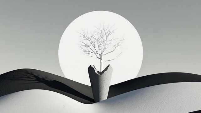 Monochromatic minimalist scene featuring a bare tree in a vase against a large circle and sand dunes