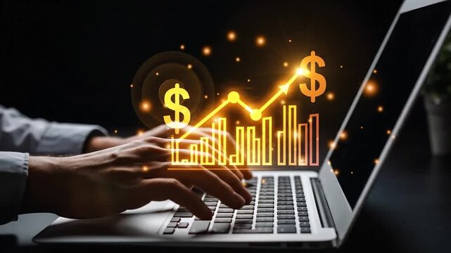 Conceptual image of a person typing on a laptop with glowing financial graph and dollar signs, symbolizing growth and success
