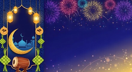 A vibrant digital illustration of a Ramadan Mubarak celebration with a crescent moon, mosque, and lanterns against a colorful fireworks background on a dark blue night sky with a festive