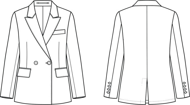 Classic tailored blazer technical fashion illustration, front and back view, women formal jacket flat sketch, double button detail, vector line drawing