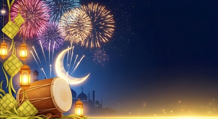 A vibrant digital illustration of a crescent moon, drum, and lanterns with colorful fireworks exploding in the night sky, set against a cityscape background with a warm glow, celebrating
