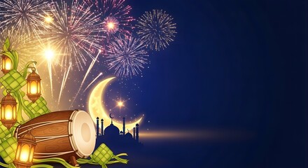 Illustration of a festive eid al-fitr or ramadhan celebration with a drum, lanterns, and fireworks against a night sky background with a crescent moon.