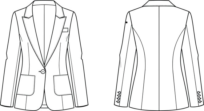 Fitted women blazer technical fashion illustration, front and back view, tailored jacket flat sketch, princess seam detail, vector line drawing