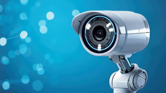 Futuristic Robotic Eye with Digital Interface Advanced Technology and Innovation Blue Bokeh Background, Featuring Modern Security Camera Design and Abstract Digital Elements for Enhanced Surveillance