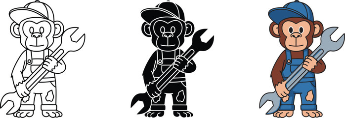 Skilled monkey mechanic holding a large wrench, wearing overalls and cap, cartoon vector illustration representing repair and hard work. © DesignVirtuoso