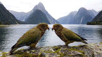Two Kea Parrots on Mossy Rock in Mountain Fjord Landscape

