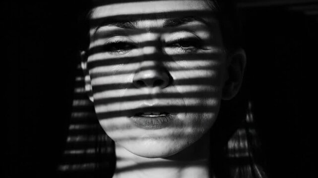 A Woman's Face Lit by Striped Shadows, Creating a Dramatic and Mysterious Portrait
