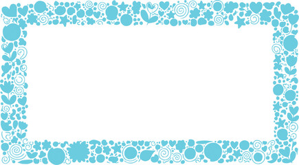 The image features a decorative rectangular frame made up of various small, light blue icons, such as hearts, stars, circles, leaves, and other whimsical shapes