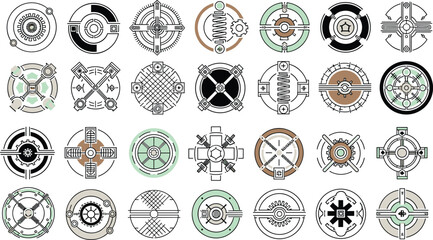 Futuristic circular interface icon set, sci fi mechanical HUD symbols and technology design elements, vector illustration isolated on white background