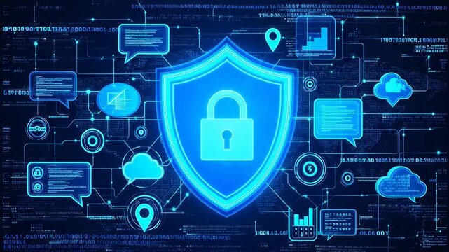 Digital security shield with data icons