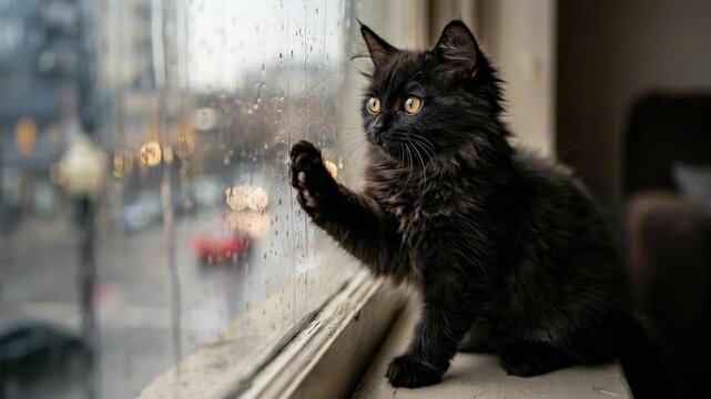 black persian kitten. A small black kitten with bright eyes sits on a windowsill, reaching out to touch the rainy glass, while blurred city lights twinkle in the background