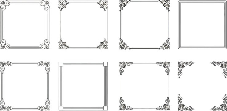 Collection of elegant square decorative borders and frames with ornate corner flourishes, classic design elements on white background