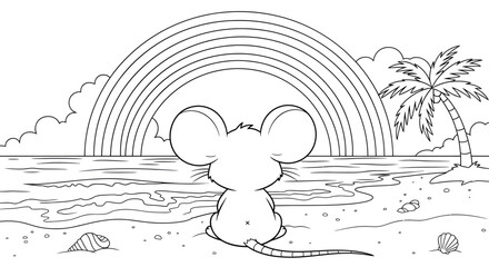 Cute Mouse Watching Sunrise on Tropical Beach