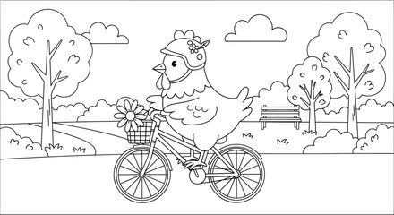 Cute chicken riding a bicycle in park illustration