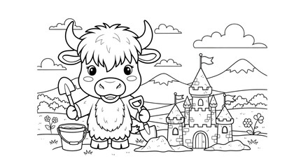 Cute Cartoon Calf and Fairy Tale Castle Scene