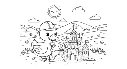 Cute Duckling Building Sandcastle Playing Outdoors