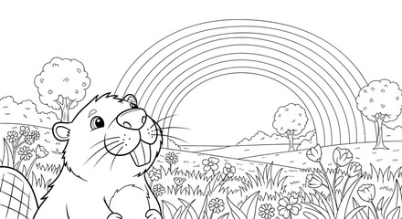 Adorable cartoon lion cub in lush nature setting with rainbow