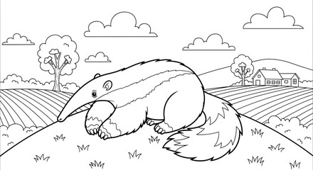 Cute illustrated fox in a rural landscape with trees and house