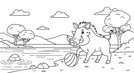 Cute Cartoon Horse Playing with Ball in Nature Scene