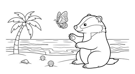 Cute Baby Otter Sitting by Beach with Palm Tree and Butterfly