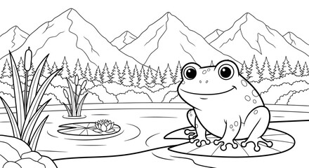 Serene Frogs and Mountain Lake Scene for Nature Illustration