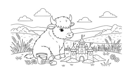 Cute Calf Building Sandcastle in a Rural Landscape