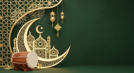 A gold crescent moon and mosque decoration with lanterns and a drum on a green background, celebrating eid al-fitr or ramadan ramadhan with a festive and cultural atmosphere.