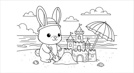 Cute Bunny Building Sandcastle on Beach with Umbrella