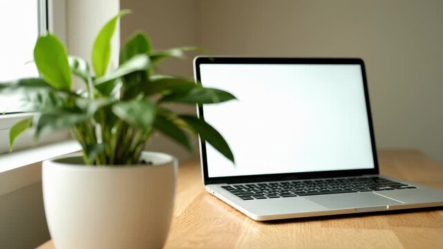 Rack focus shot of a lush green plant and a laptop on a wooden desk representing remote work balance, digital wellness, and professional productivity in a minimalist home office environment.