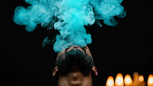 Man blowing out turquoise smoke with a beard, against a black background with candles on the right