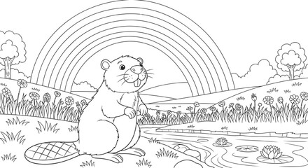 Cute Illustrative Mouse Sitting by the Water with Nature Scene