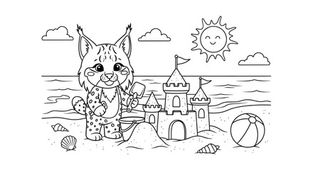 Cute Cat Playing With Sandcastle and Beach Ball at the Beach