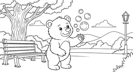 Cute Bear Cub Blowing Bubbles in Park Scene