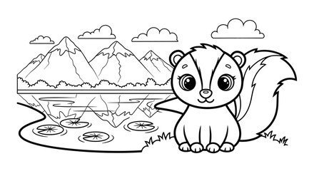 Adorable Squirrel by Mountain Lake Scene in Black and White