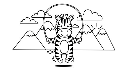 Cute Cartoon Zebra Holding Ropes in Mountain Landscape