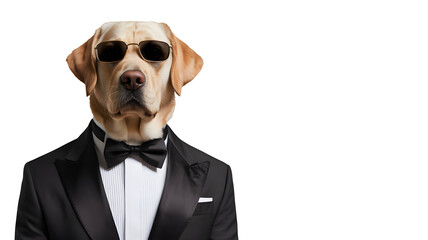 Sophisticated golden Labrador retriever dog wearing stylish dark sunglasses black tuxedo white shirt and black bow tie posing formally bright studio light isolated on transparent b