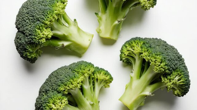 Fresh broccoli florets arranged against a clean white background
