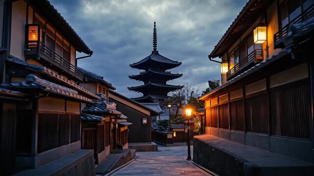 Traditional Japanese Pagoda Temple Architecture in a Historic Street Scene at Dusk