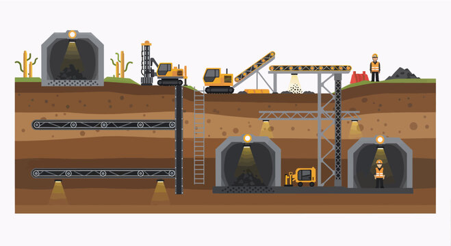 Cross-section illustration of underground mining operations with tunnels and machinery.