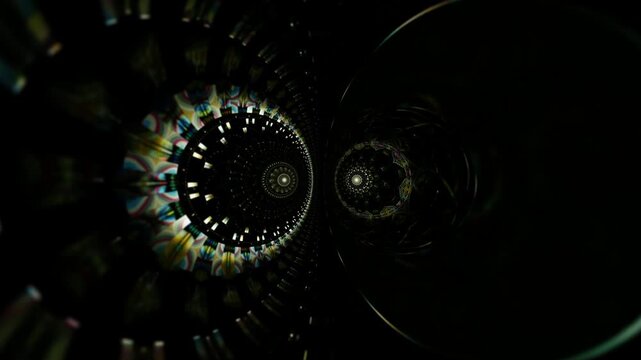 Dark fractal dmt space shaped as a toroidal eye, psychedelic realm expanding through layered sacred geometry and kundalini force, immersive hyperspace experience for visionary art communities
