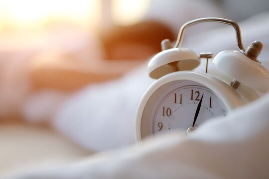 White retro alarm clock on bed at 7am with bright sunlight. Morning wake up concept with sleeping person in background