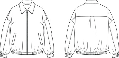 Men bomber jacket technical fashion illustration, front and back view, zip up casual outerwear garment flat sketch vector © Hello World